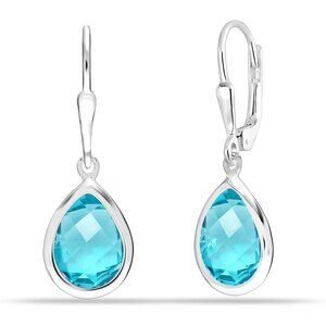 Women's Sterling Silver Drop Created Birthstone Leverback Light Blue Earring
